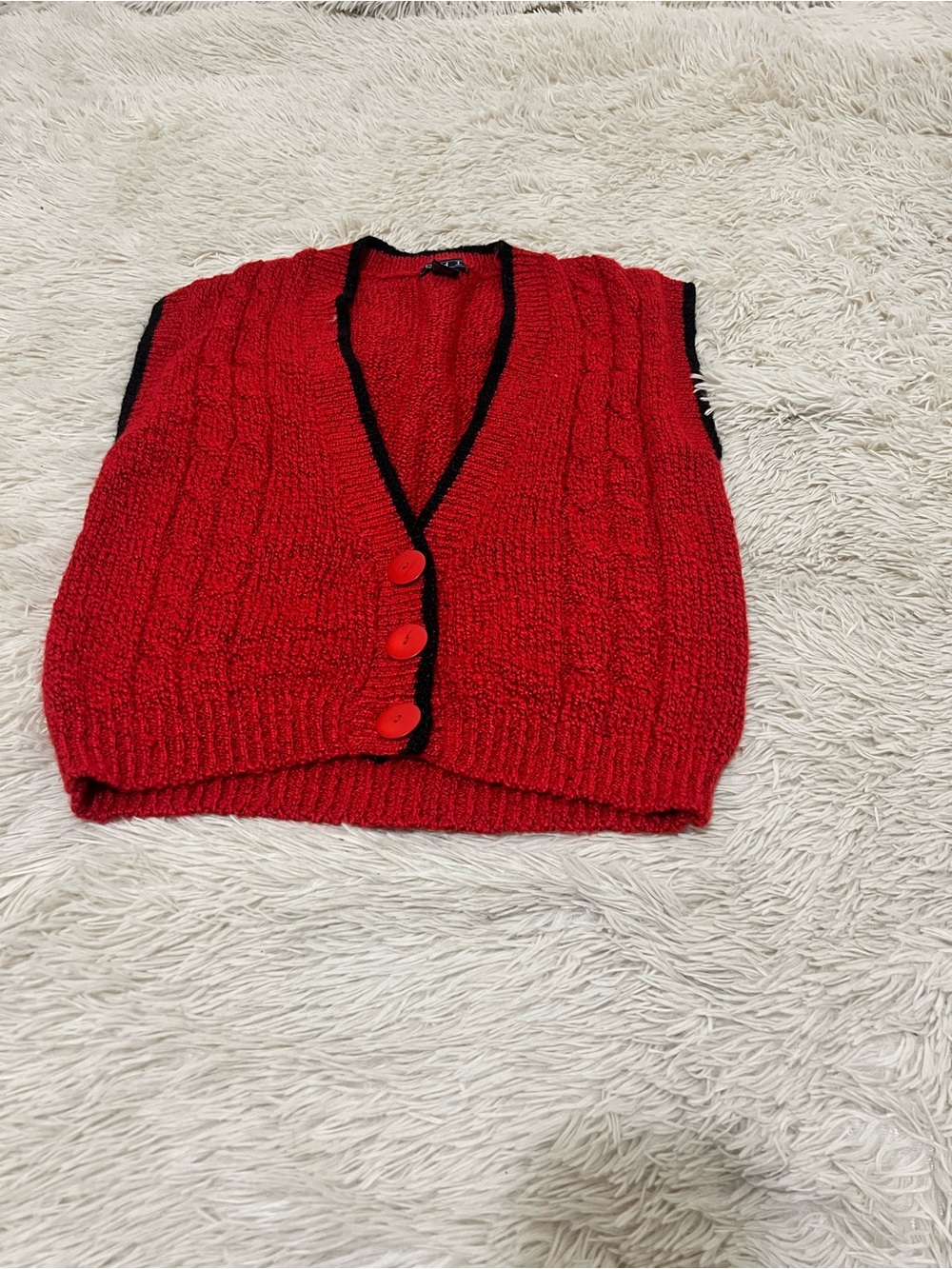 Red V-Neck Button-Front Knit Sweater Vest with Black Trim